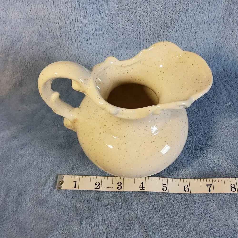 Vintage Cream Speckled Ceramic Pitcher Ruffled Rim Embossed Farmhouse Primitive